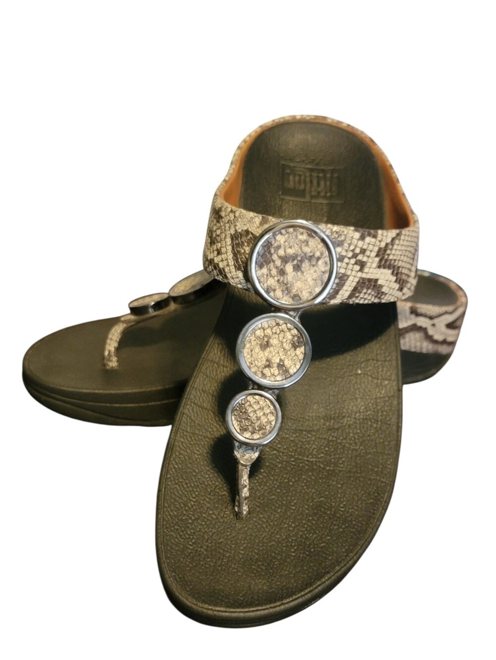 FITFLOP Womens Leather Halo Toe Post Wedges Thong Sandals Taupe Snake Skin 7 - Picture 7 of 7